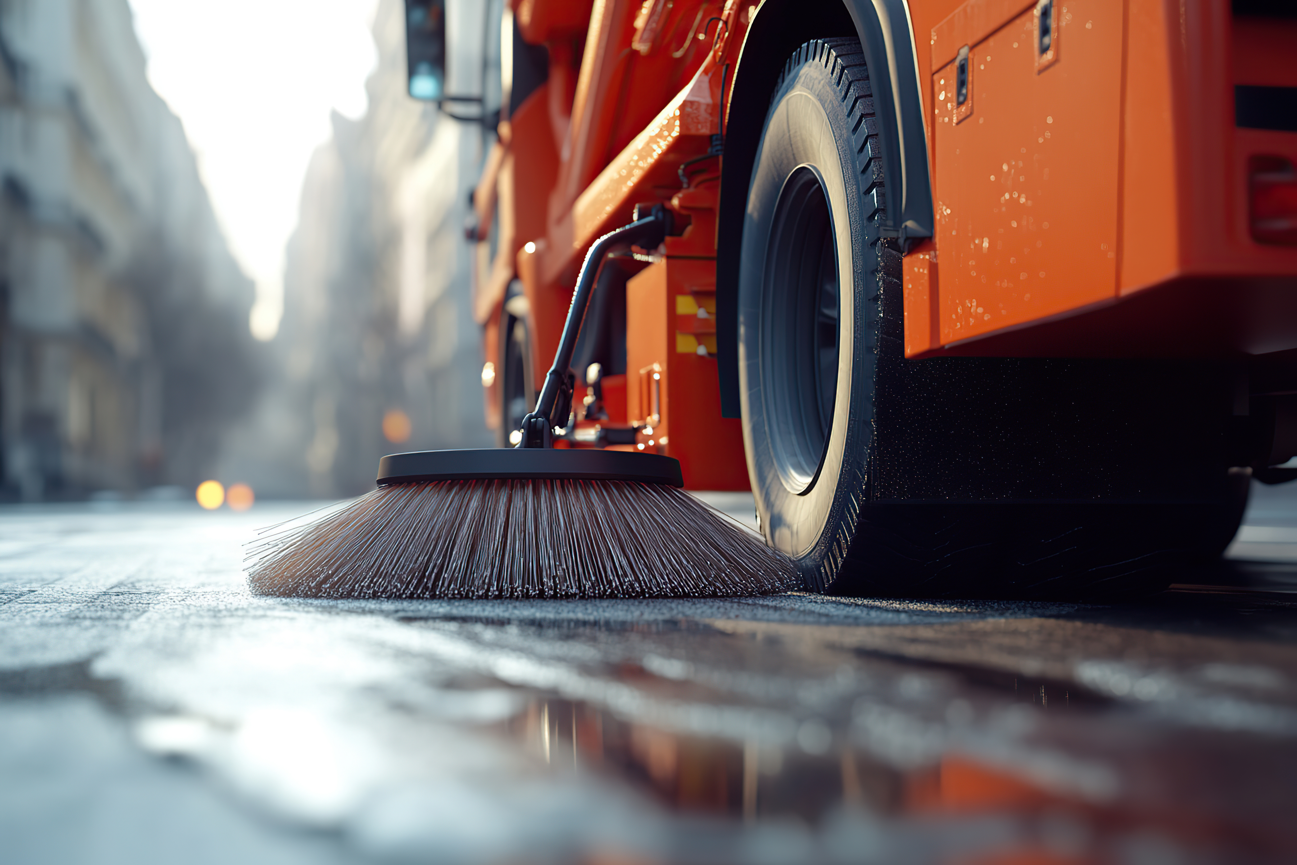 Cleaning truck with brushes for cleaning city streets